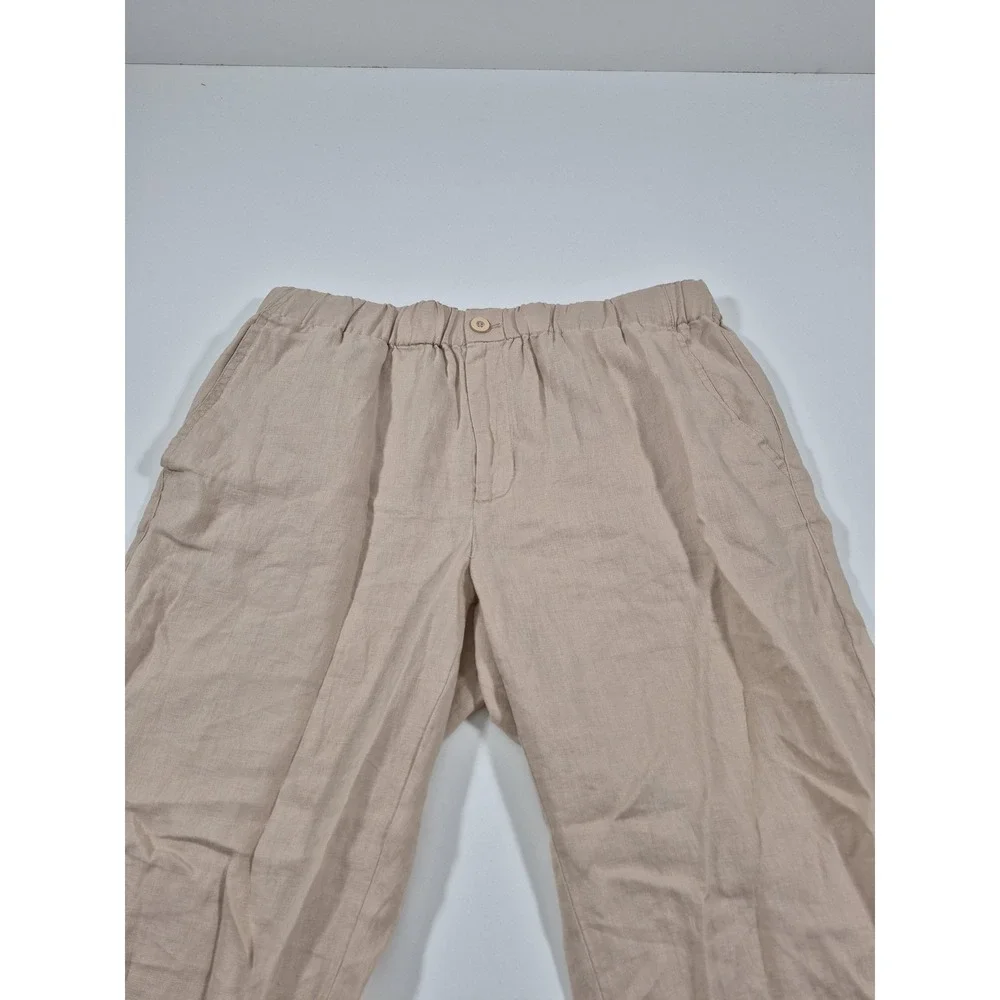 Quince Linen Pants Womens Large Beige 100% European Elastic Waist Casual Relaxed